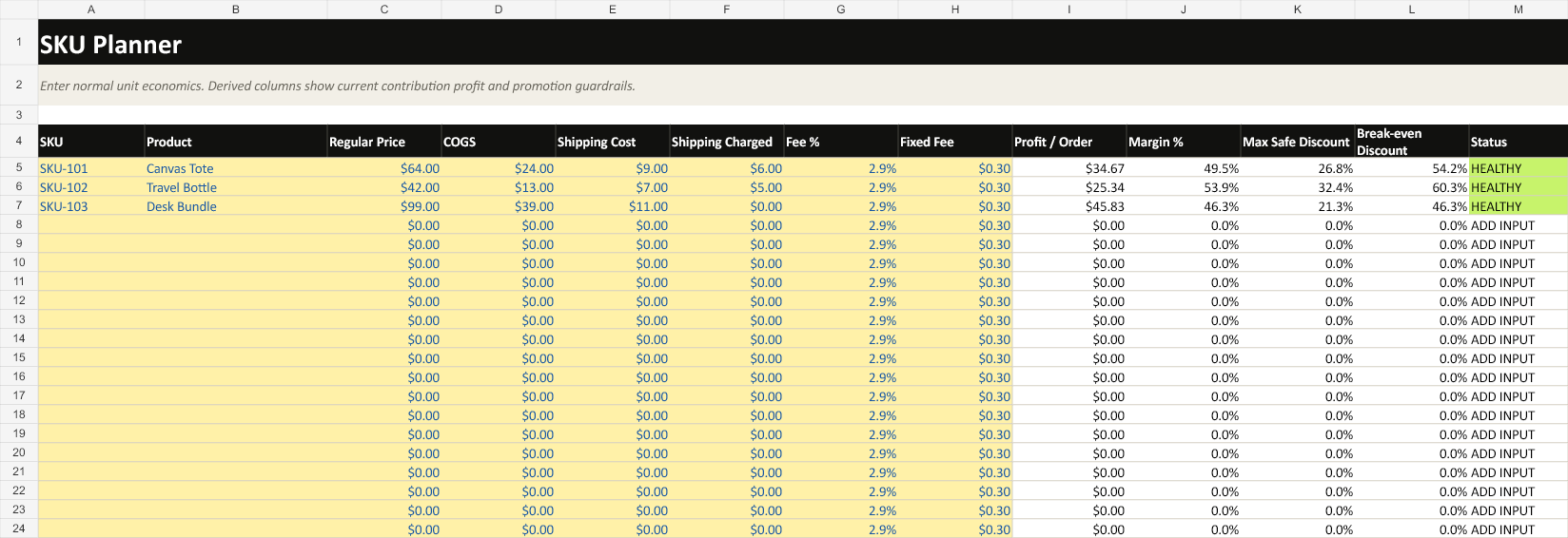 OfferVerdict SKU profit planning sheet